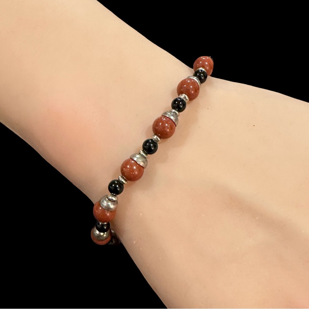 Beaded Bracelet Silver Tone Brown Black Toggle Closure